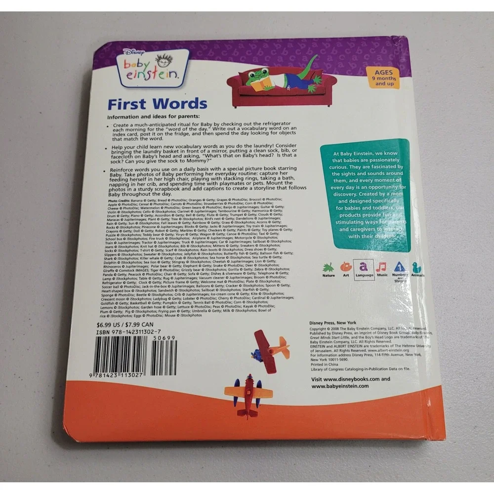 Baby Einstein First Words Board Book Toddler Multi Color Educational Good